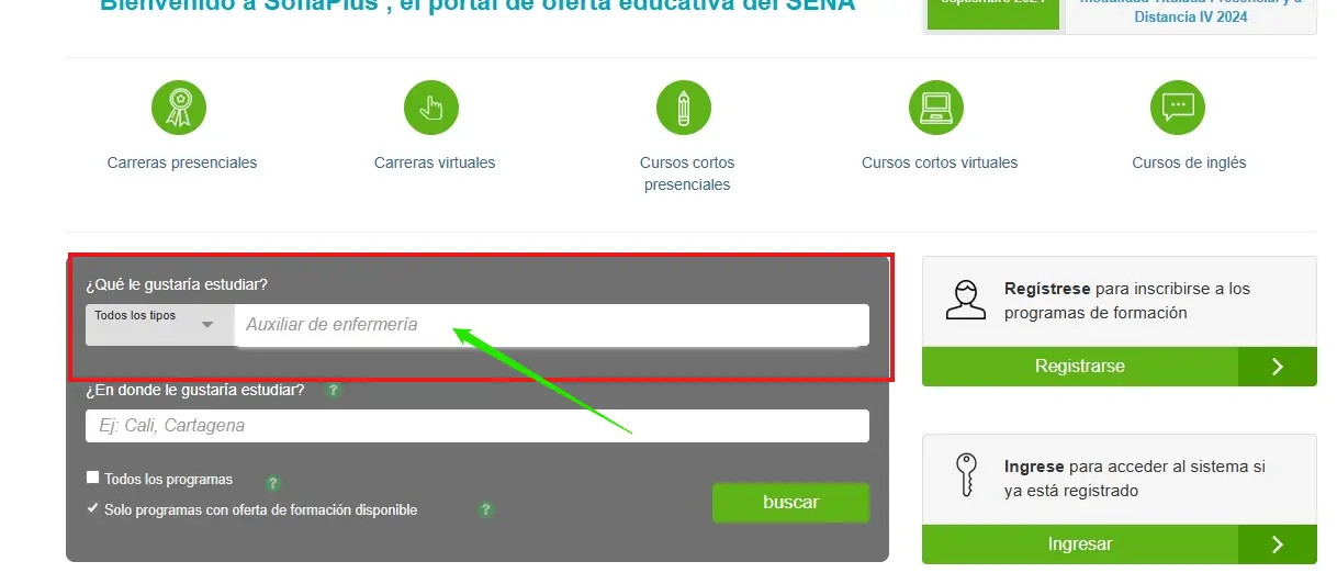 captura donde se busca estudiar auxiliar de enfermería en el sena